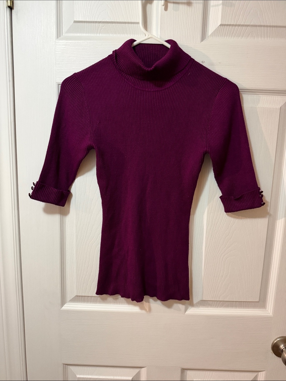 Slim Ribbed Turtleneck Top in Deep Plum